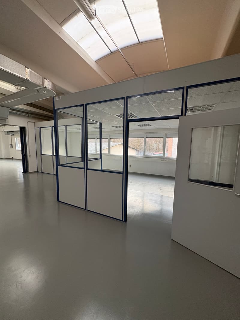 Empty room with white walls, gray floor, glass windows, and blue trims