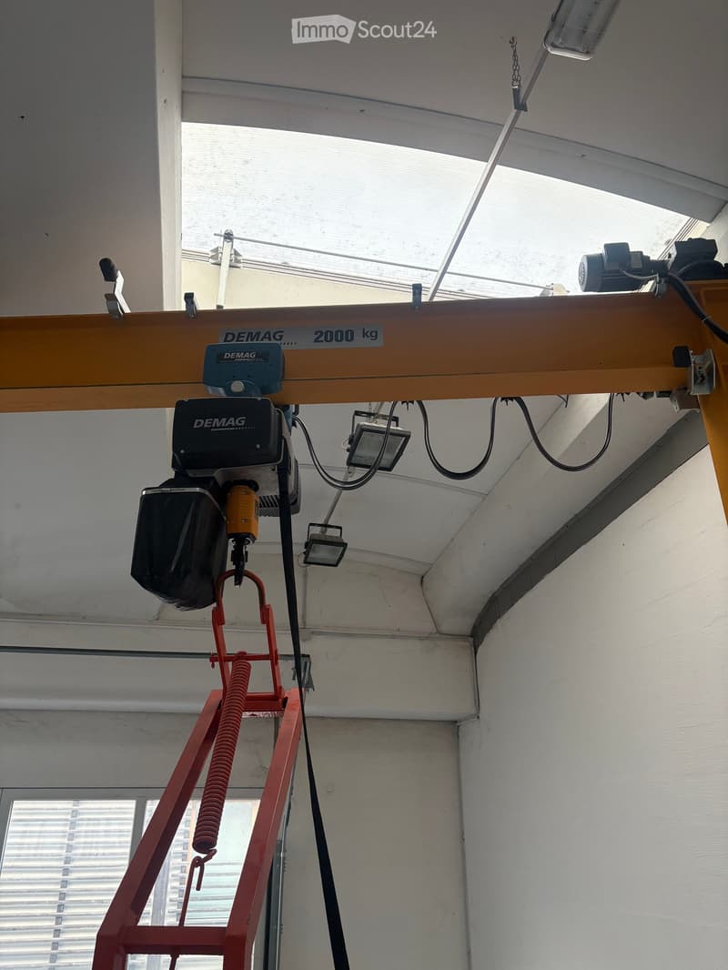 Industrial crane with a capacity of 2000 kg, hanging from the ceiling, with a red and black structure, and a black hook.