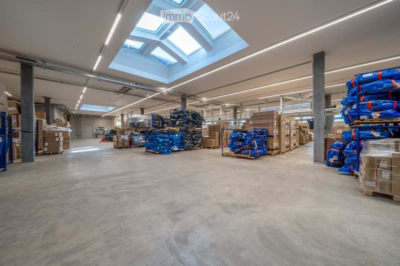 large warehouse, concrete floor, multiple skylights, numerous stacked boxes, blue tarps, metal beams, industrial lighting
