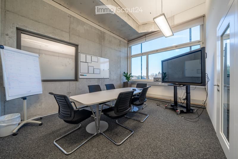 conference room with a long table, chairs, whiteboard, whiteboard stand, whiteboard eraser, whiteboard markers, TV, potted plant, trash can