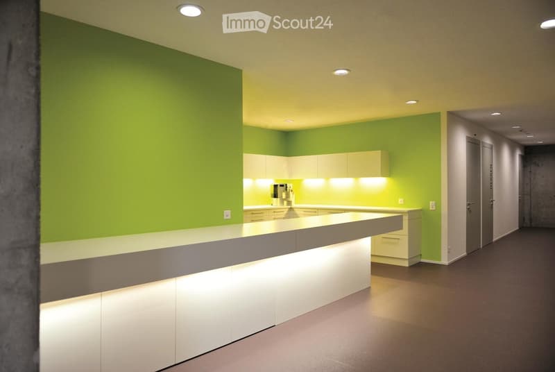 modern kitchen with green walls, white cabinets, countertops, and lighting