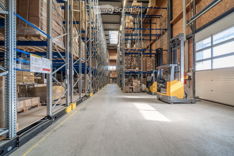 large warehouse with high shelves, forklifts, boxes, concrete floor, large windows
