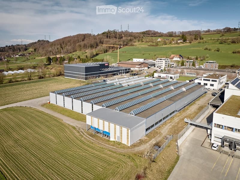 Industrial building with solar panels on the roof, surrounded by a large field and other buildings