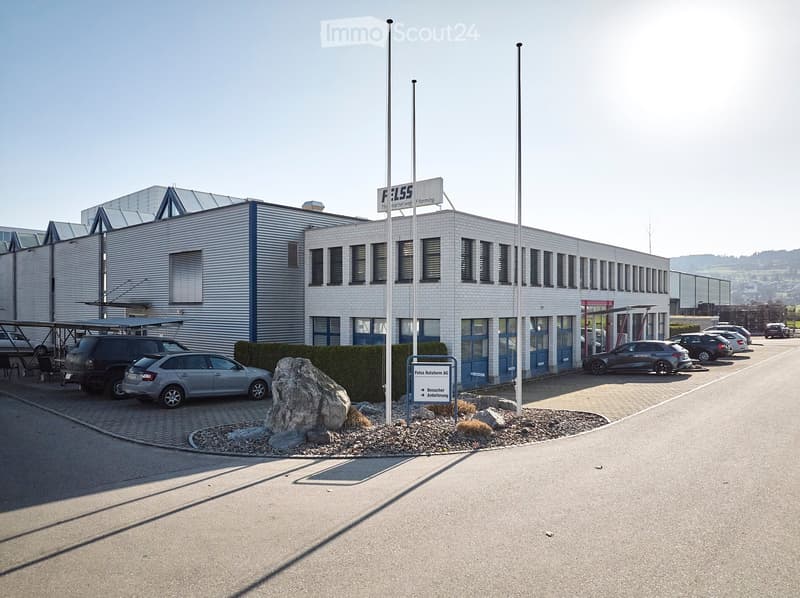 Industrial building with white walls, blue trim, multiple windows, and a sign reading 'Felss'. Several cars parked in front.