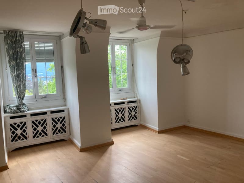 empty room, wooden floor, white walls, two windows, ceiling fans, white radiators, curtains