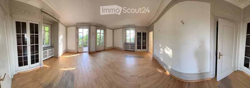 large room, wooden floor, white walls, glass doors, balcony, windows