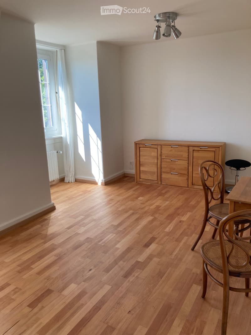 Bright room with wooden flooring, a wooden cabinet, two chairs, and a small table near the window.