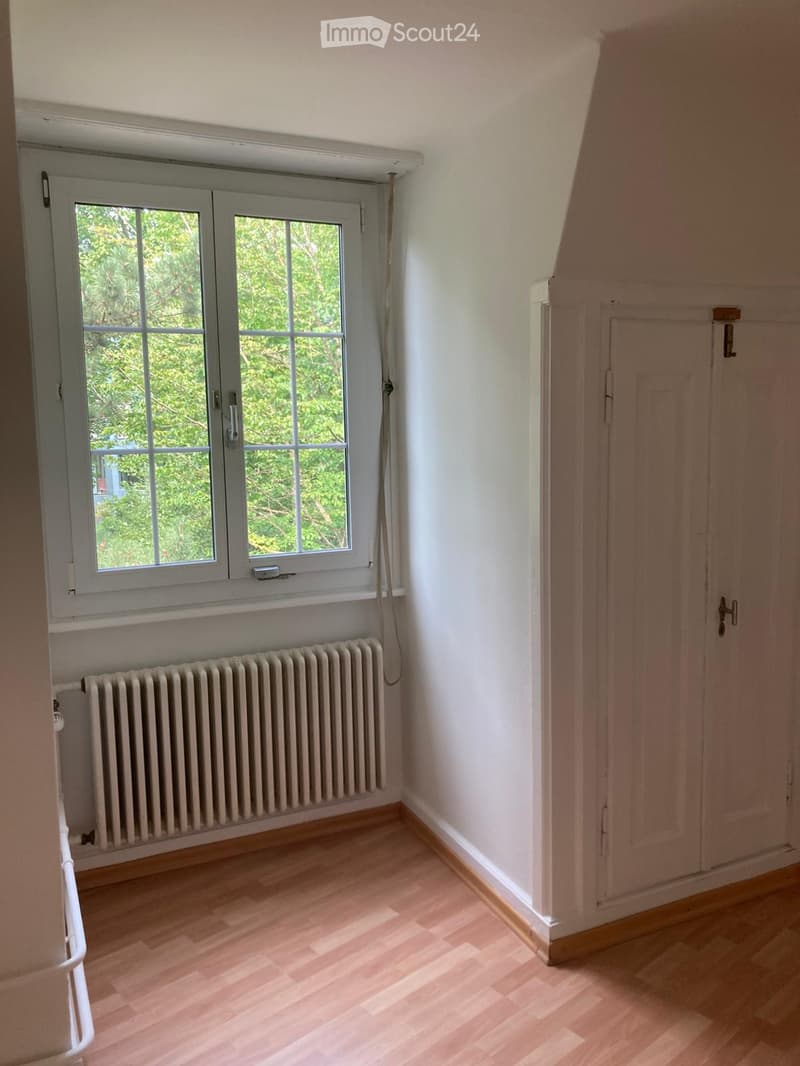 empty room, white walls, wooden floor, white radiator, window with view of trees