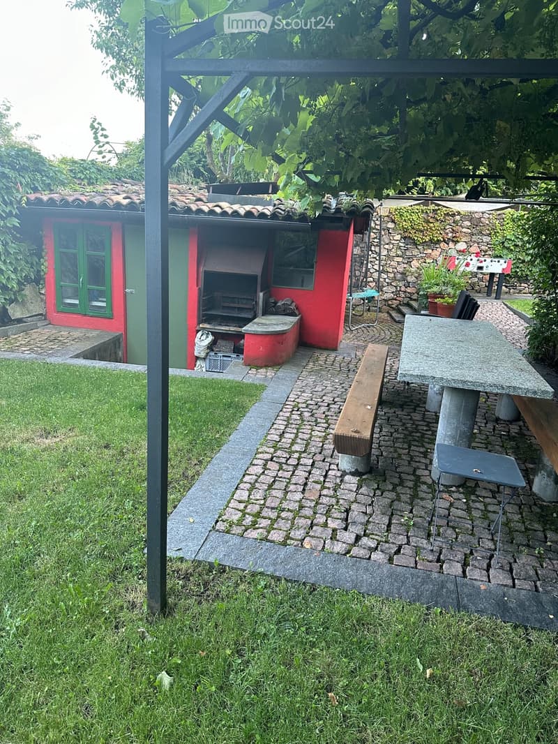 Outdoor area with a brick floor, a wooden bench, a stone table, a red shed with a fireplace, and a stone wall with plants.