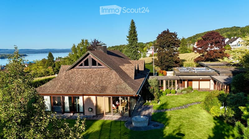 Detached house, elevated on a hill, wooden roof, large glass windows, solar panels, terrace with outdoor seating, garden, water feature, panoramic view of the landscape