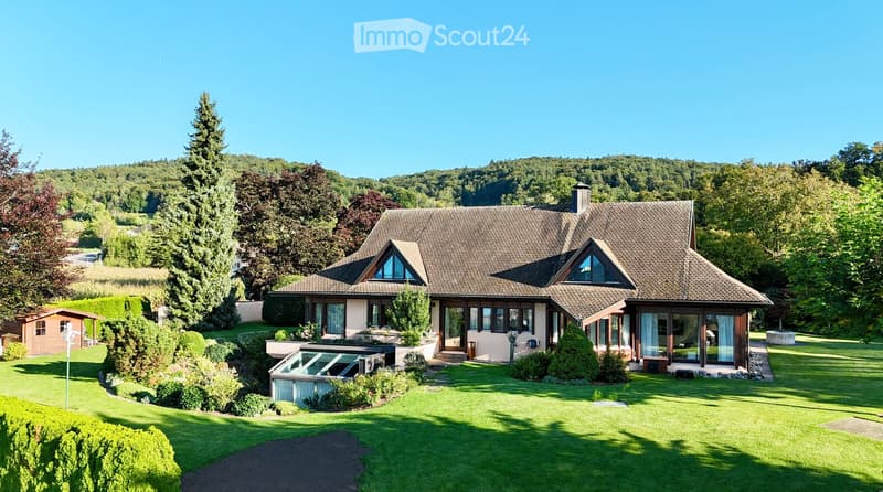 detached house, gray roof, large windows, green lawn, hedges, large glass windows at the side