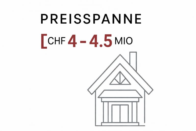 House. Illustration of a house with a pitched roof and chimney, accompanied by text indicating a price range in CHF.