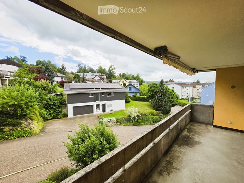 Balcony overlooking a residential area with houses, greenery, and a driveway.