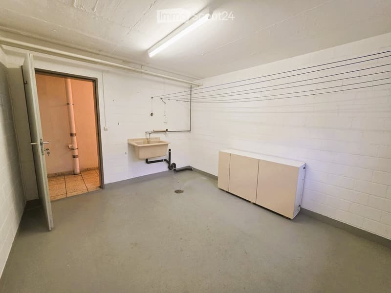 Empty room with white brick walls, concrete floor, a sink, a cabinet, and a clothes drying rack.