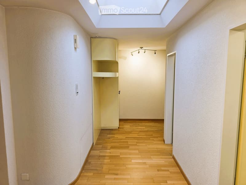 A narrow hallway with wooden flooring, white walls, and a built-in storage unit on one side. The hallway features recessed ceiling lights and a small shelf unit with a door.
