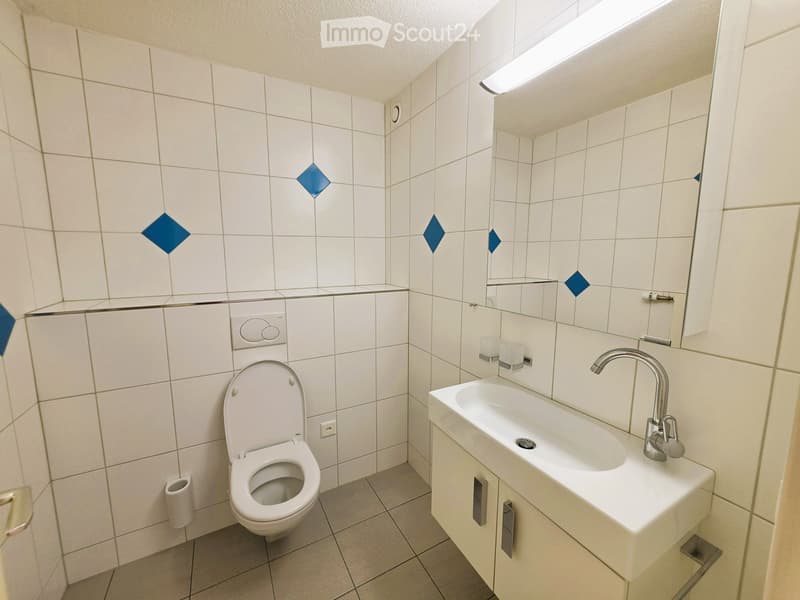 Modern bathroom with white tiled walls, a toilet, a sink with a chrome faucet, and a large mirror above the sink.
