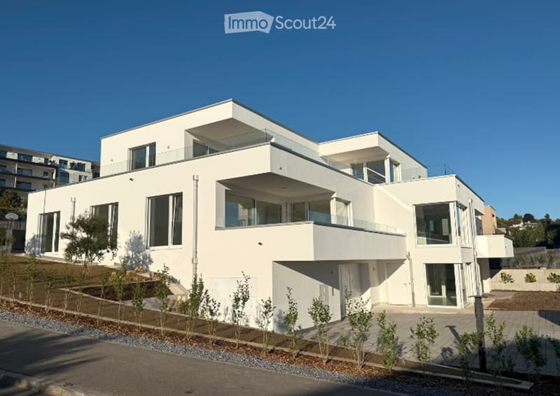 Modern white house, 3 floors, large glass windows, balconies, driveway