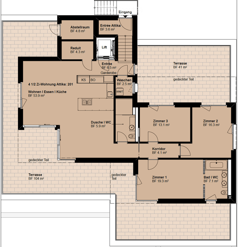 Entrance hallway, living/dining area, kitchen, 4 bedrooms, 2 bathrooms, balcony, storage room, terrace, laundry room