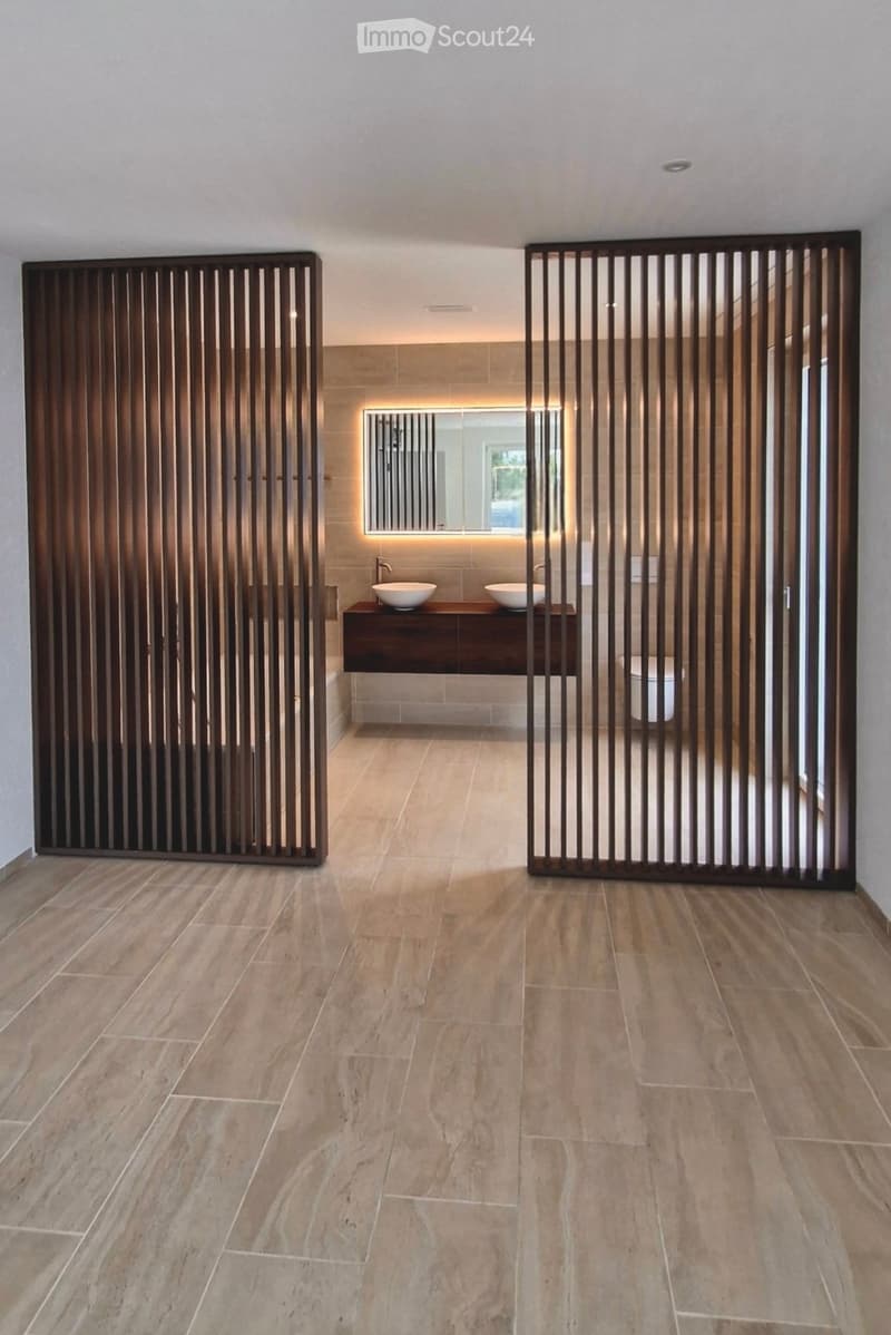 modern wooden panel, sink, mirror, toilet