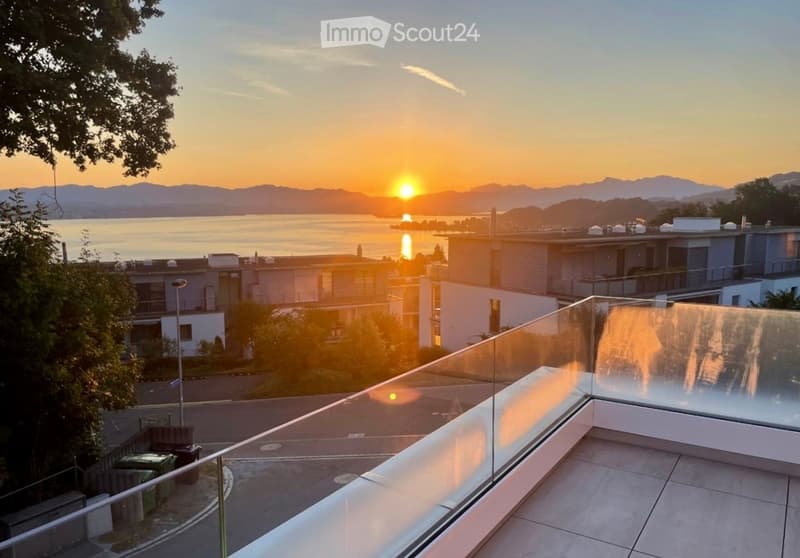 glass fence, terrace, mountains, lake, city view