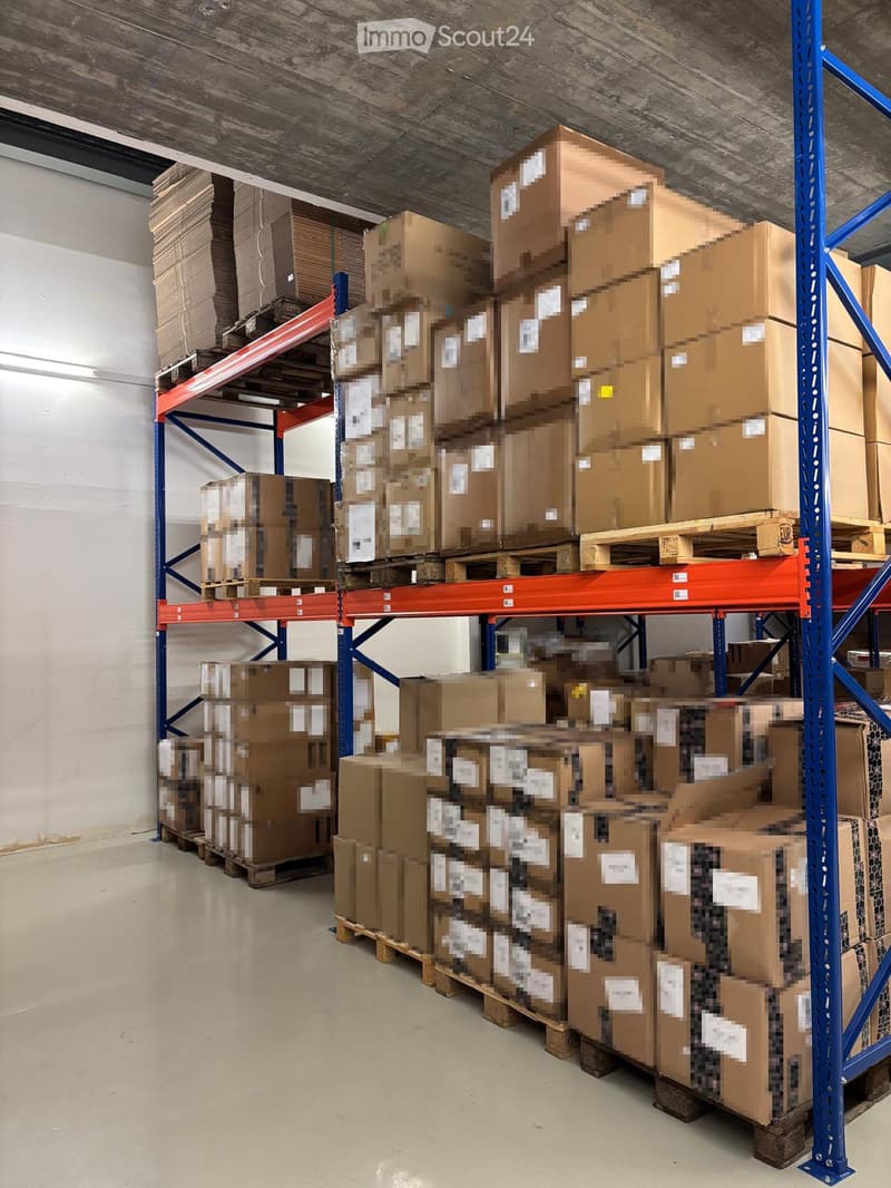 Warehouse with multiple shelves filled with boxes, white walls, concrete ceiling, white floor, blue and red metal shelving
