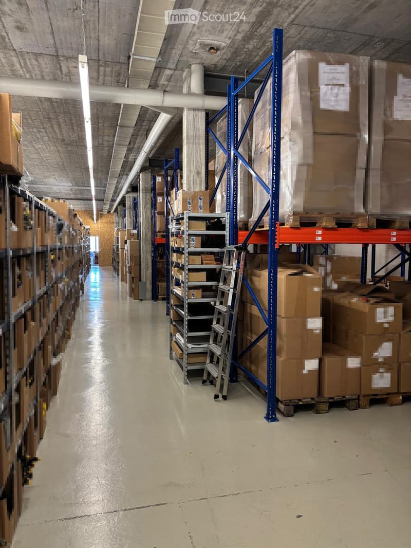 Warehouse with multiple rows of storage shelves, boxes, and a ladder