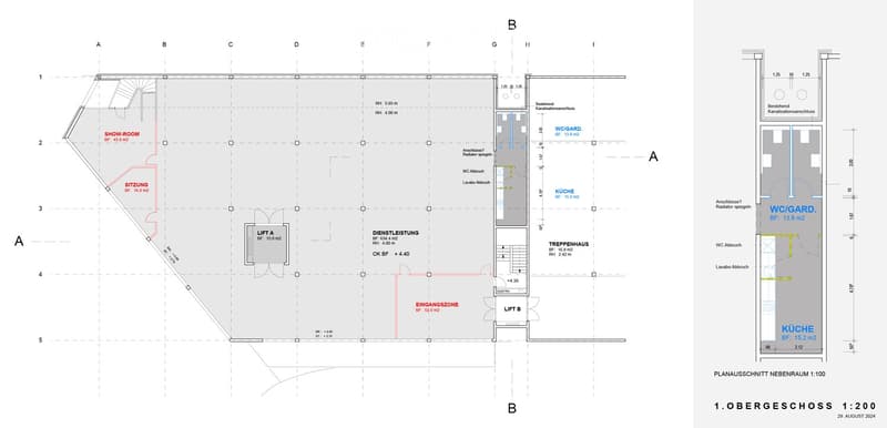 Showroom, Sitting area, Service area, Lift A, Lift B, Entrance zone, WC/Gard, Kitchen, Staircase