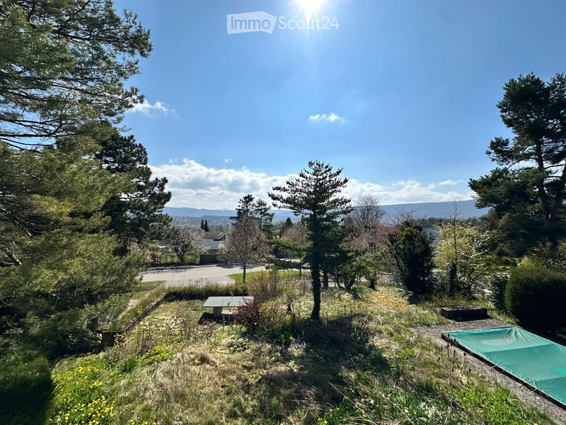 A garden with a table tennis table, a covered pool, and a view of the mountains