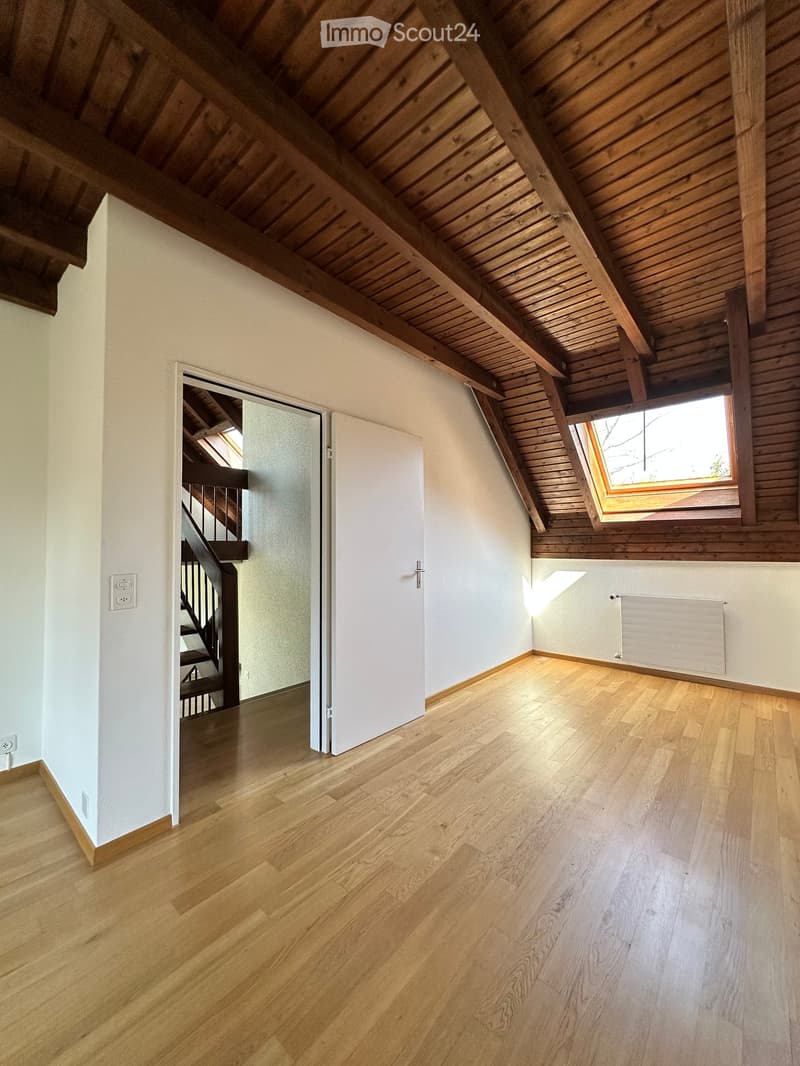 empty room, wooden floor, white walls, wooden ceiling, window, door, staircase
