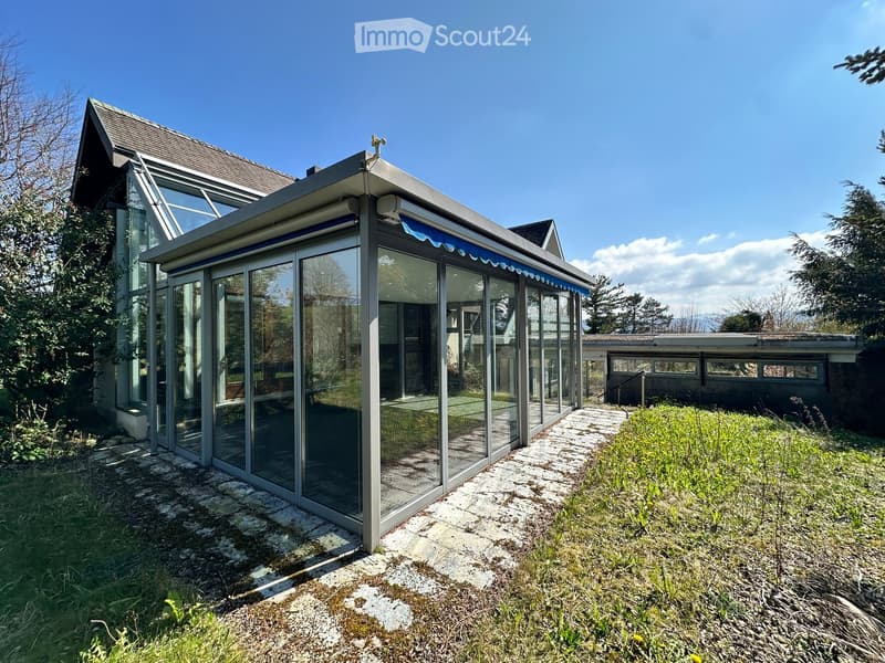 modern house with glass walls, glass roof, terrace, surrounded by grass and trees