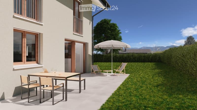 patio with table, chairs, and umbrella, wooden deck, large windows, green lawn, hedges