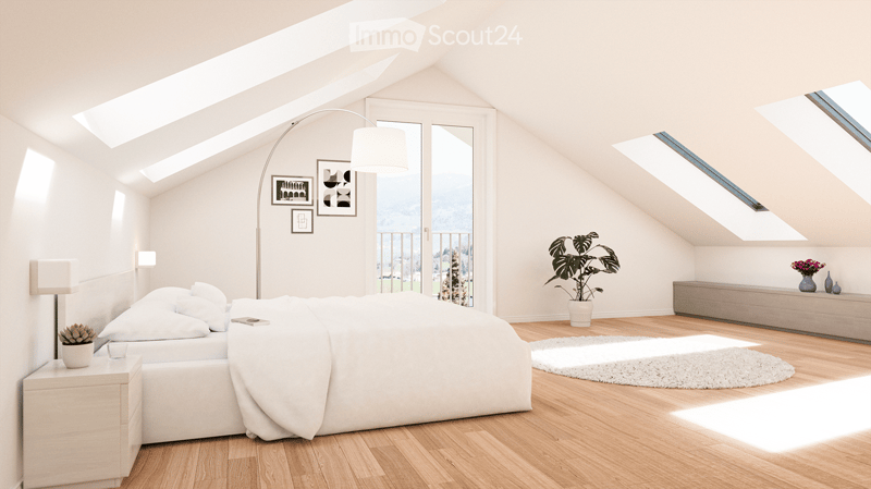 skylight, large bed, wooden floor, window with balcony, floor lamp, nightstand with potted plant, rug, potted plant, large sofa with pillow, and wall pictures