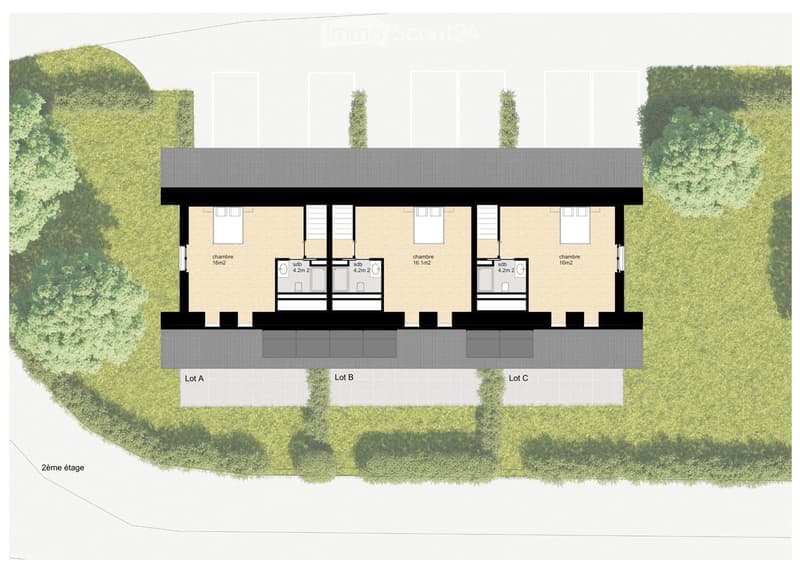 3 units, each with a bedroom, a living room with dining area, and a bathroom