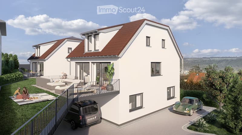 2 story house, white exterior, brown roof, balcony, garage, car parked in front