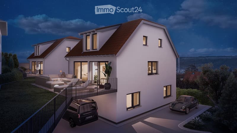 2 story house, white exterior, brown roof, balcony, 2 cars parked in front, garden