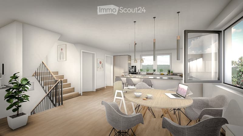 Dining room, kitchen, living room, stairs, large window