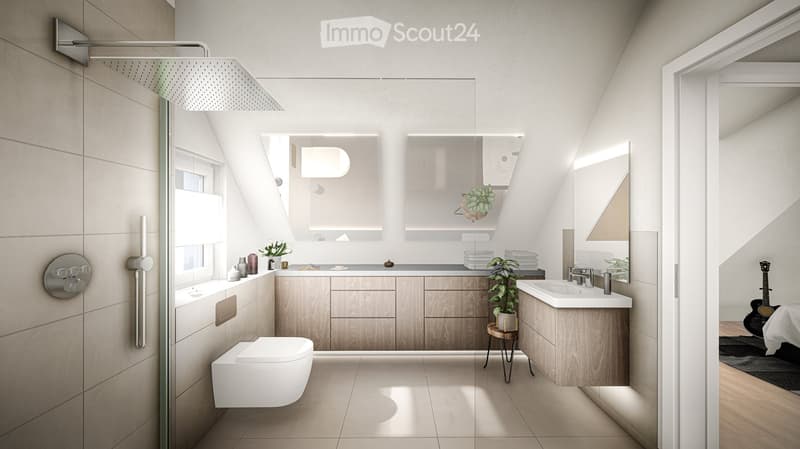 modern bathroom with shower, toilet, sink, wooden cabinets, tiled floor, plants, mirror