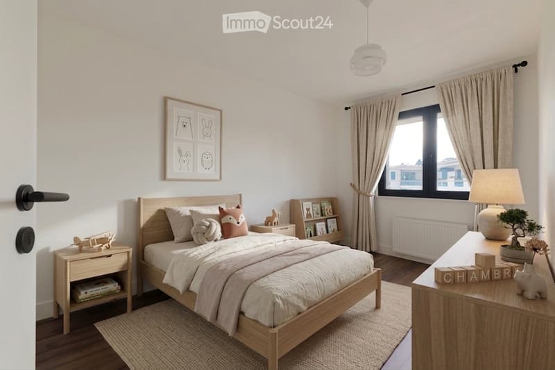 Bedroom with wooden bed, nightstands, rug, picture frame, lamp, radiator, window with curtains, wooden desk with potted plants and books.