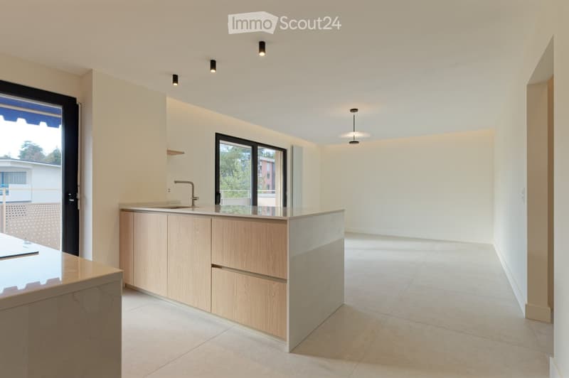 modern kitchen, island with sink, wooden cabinets, white countertops, glass doors, balcony