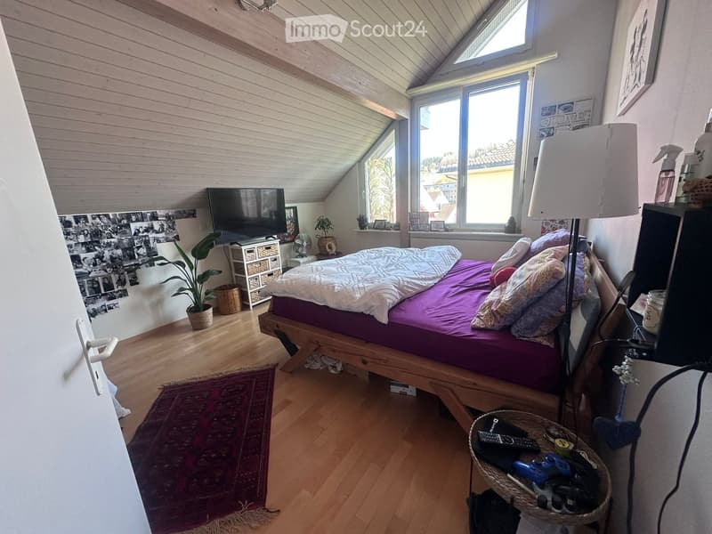 bedroom with wooden floor, bed, TV, potted plants, rug, shelves, lamp, side table