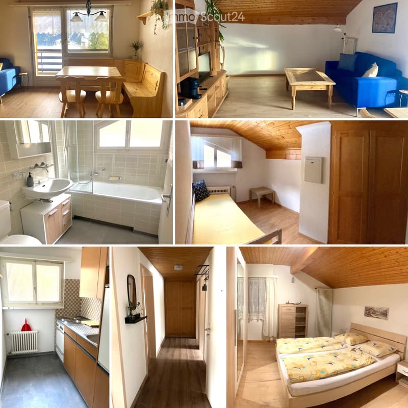 Bathroom with bathtub, sink, toilet, wooden ceiling, kitchen with stove, sink, cabinets, hallway with radiator, bedroom with double bed, wooden ceiling, living room with table, chairs, couch, TV, wooden ceiling, window with view