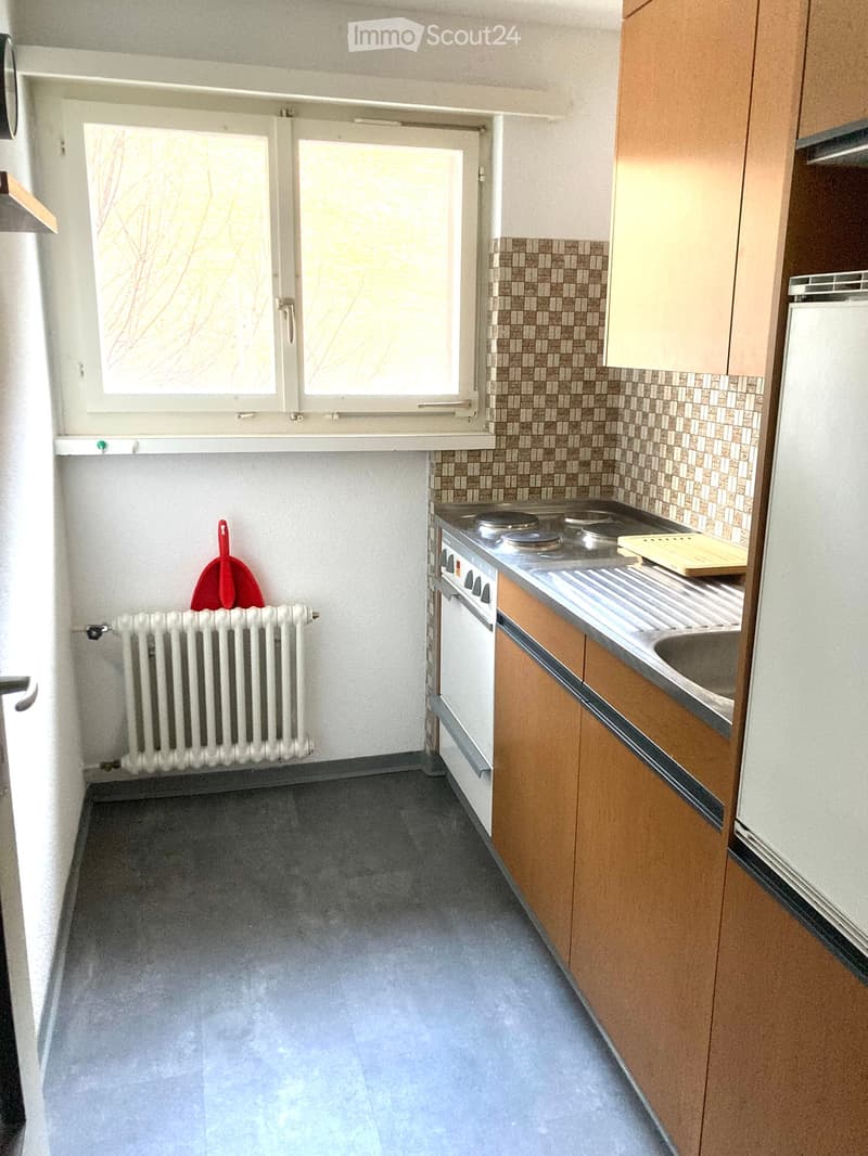kitchen with stove, sink, refrigerator, wooden cabinets, white radiator, window