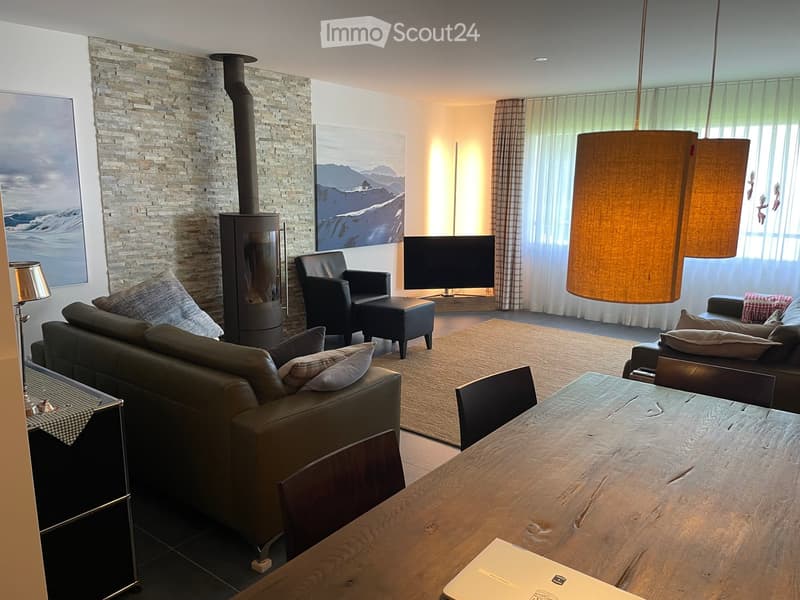 modern living room with fireplace, leather sofa, armchair, TV, dining table, chairs, rug, lamps, paintings