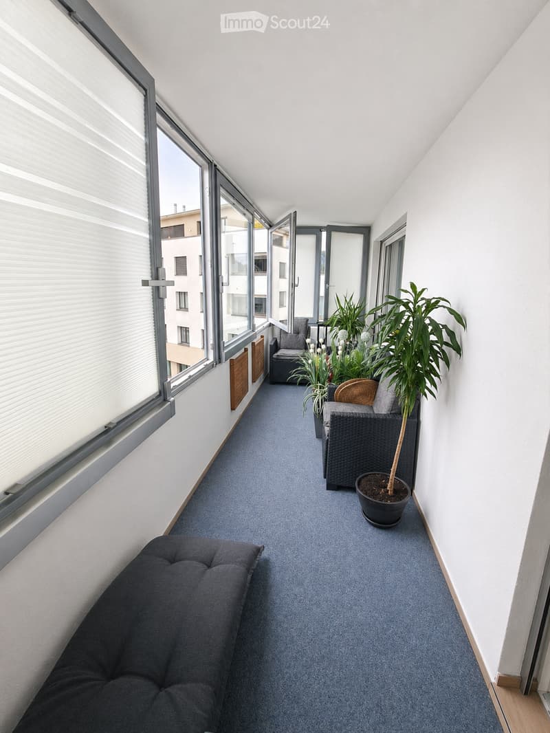balcony with blue carpet, white walls, large windows, gray couch, plants, ottoman