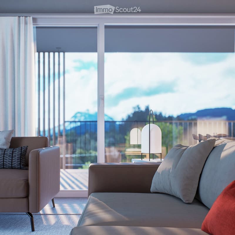 modern living room with large windows, balcony, beige sofa, white curtains, lamps, view of mountains