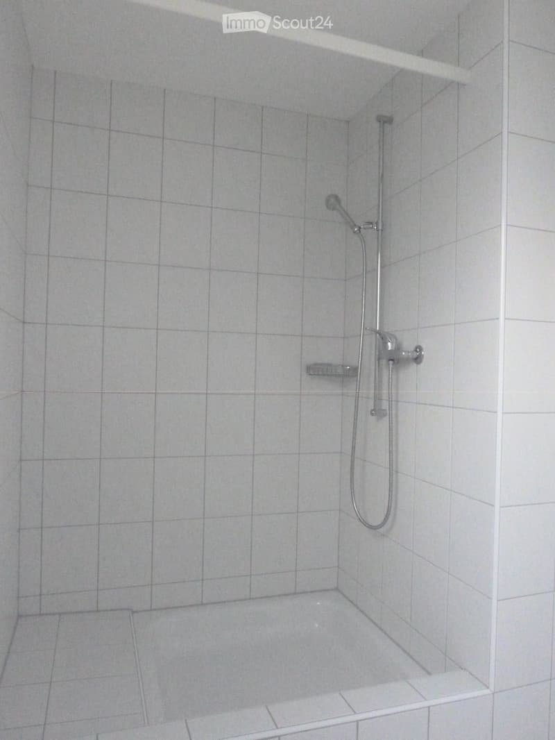 Shower area with tiled walls and floor, featuring a handheld showerhead and a fixed showerhead with a control valve.