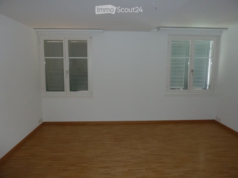 Empty room with light-colored walls and wooden flooring, featuring two windows with white frames and blinds.