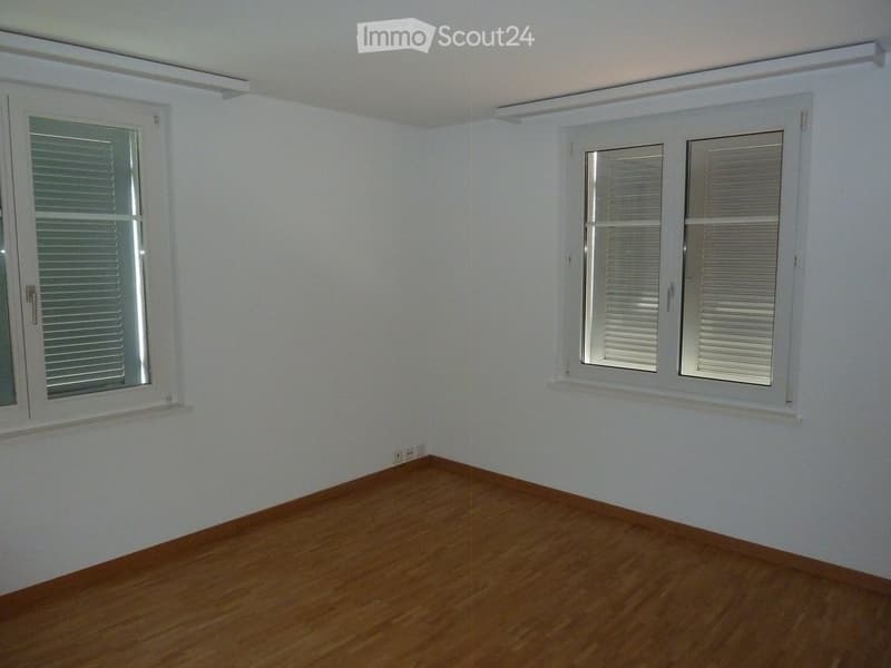 Empty room with light blue walls and wooden flooring, featuring two windows with white frames and shutters.