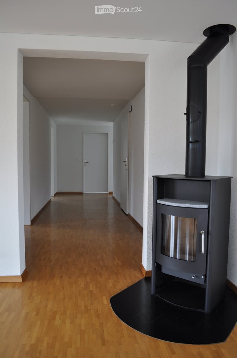 Empty room with wooden floor, white walls, and a black fireplace.