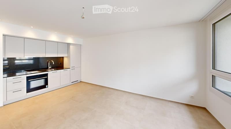 modern kitchen with white cabinets, tiled floor, stainless steel appliances, sink, faucet, oven, large window